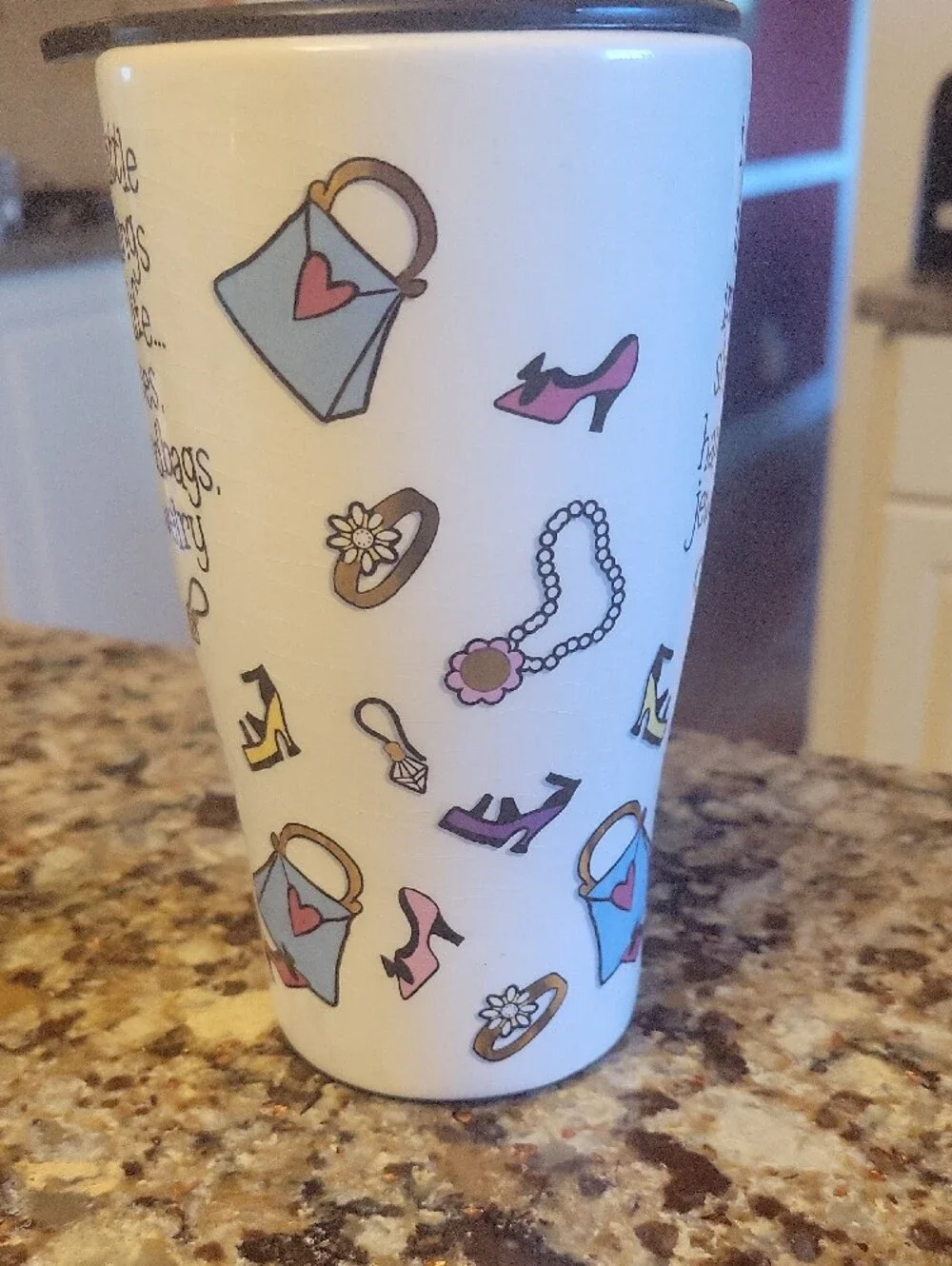 Spoontiques Pink Handle Ceramic Travel Mug with Fashion Illustration 16 Oz EUC
